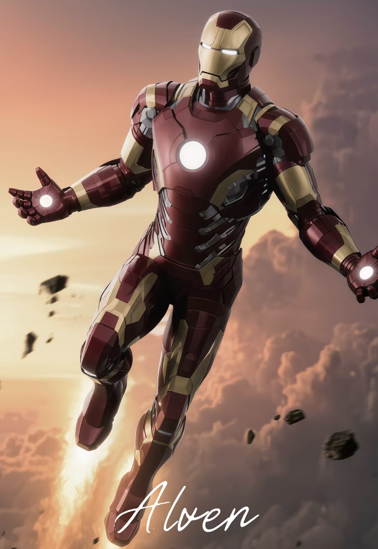 Iron Man flying in red and gold armor against a warm sunset sky
