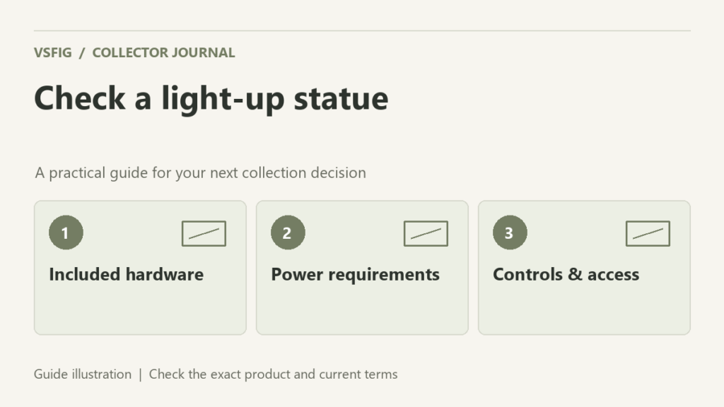 VSFIG guide illustration: Check a light-up statue. Included hardware. Power requirements. Controls & access.