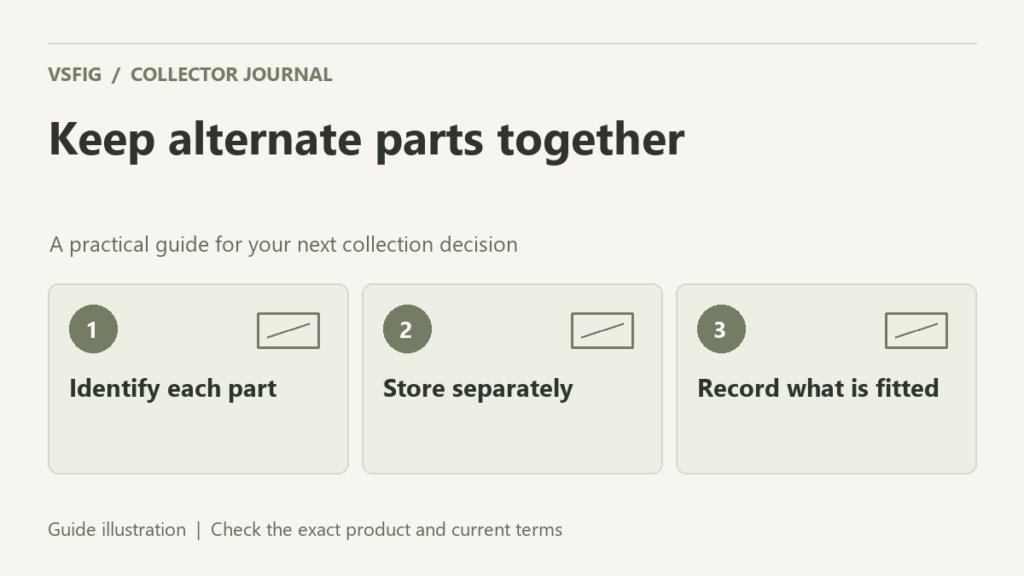 VSFIG guide illustration: Keep alternate parts together. Identify each part. Store separately. Record what is fitted.