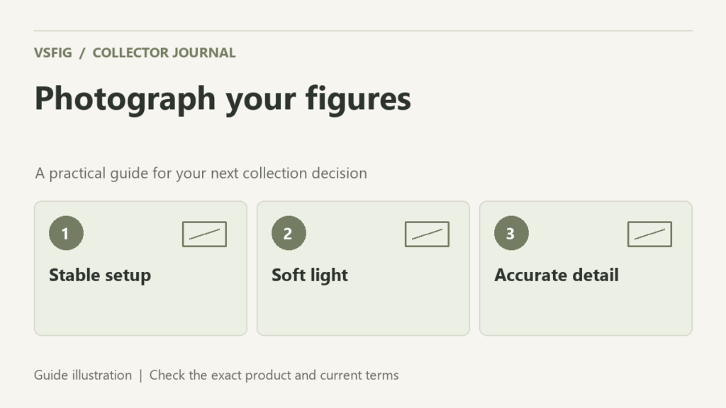 VSFIG guide illustration: Photograph your figures. Stable setup. Soft light. Accurate detail.