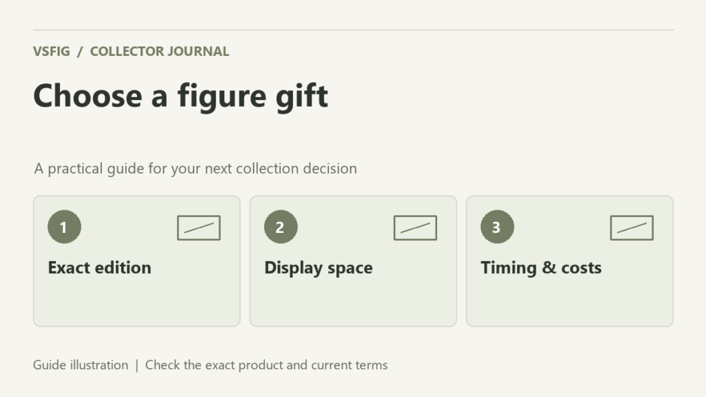 VSFIG guide illustration: Choose a figure gift. Exact edition. Display space. Timing & costs.